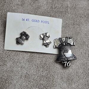 Vintage Silver-tone Liberty Bell Earrings and Pin '76 Americana Estate Jewelry